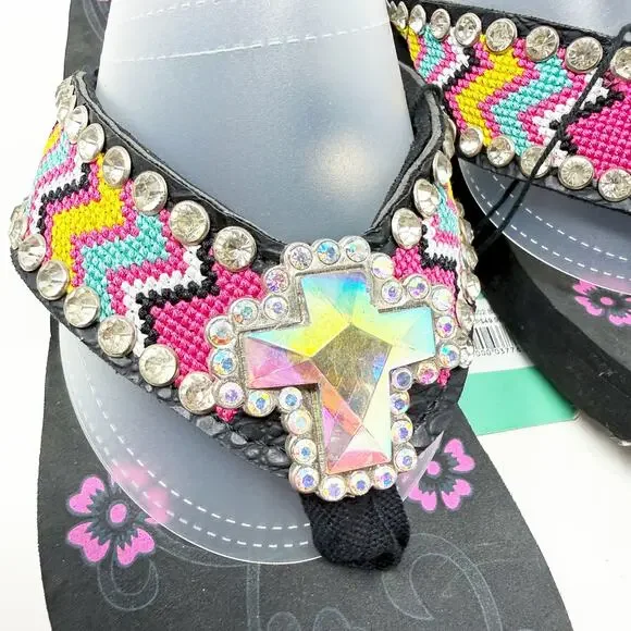 NWT Montana West Black/Multicolor Chunky Flipflops with Rhinestones Cross Detail - Picture 3 of 9